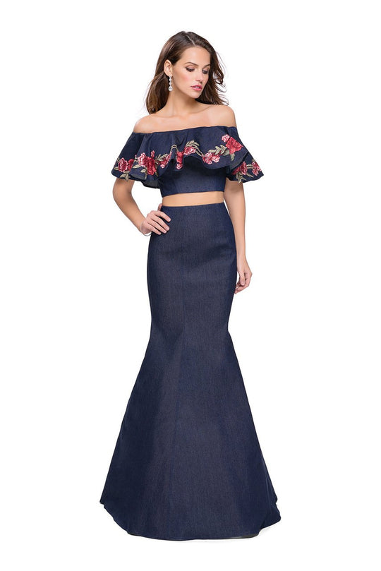 La Femme - 26013 Off The Shoulder Ruffle Denim Two Piece Gown In Blue
