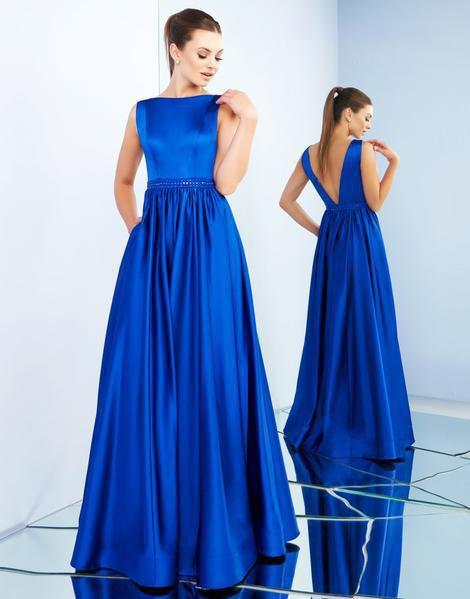Ieena Duggal - 26022I Bateau Neck Plunging Back Long Gown In Blue