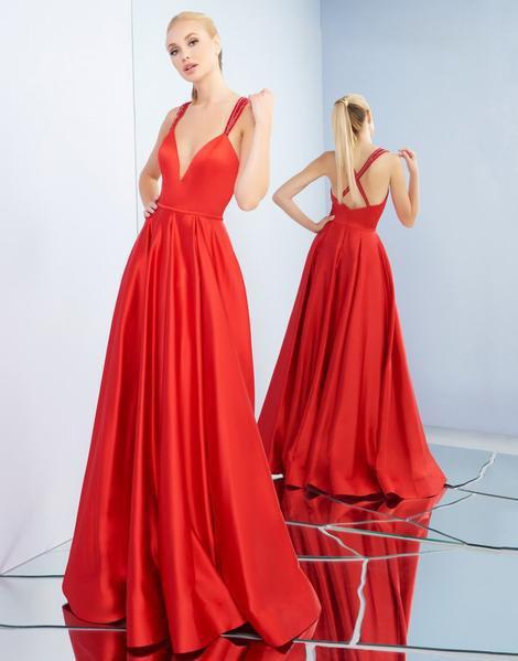 Ieena Duggal - 26053I Embellished Deep V-neck A-line Dress In Red