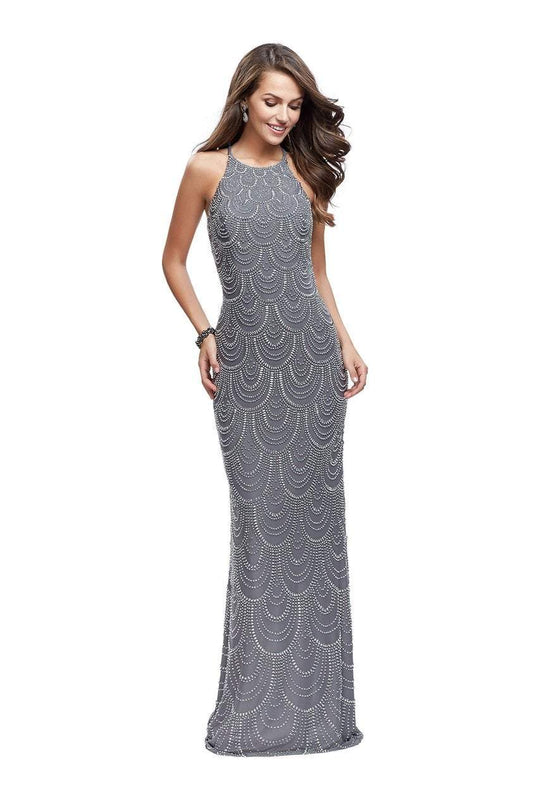 La Femme - Halter Neck Scallop Embellished Sheath Gown 26030 in Gray