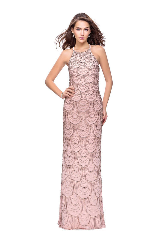 La Femme - 26030 Halter Neck Scallop Embellished Sheath Gown In Pink