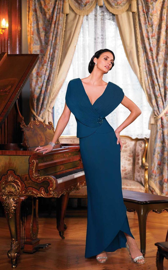 Daymor Couture - Plunging V-neck Sheath Dress 5001 in Blue