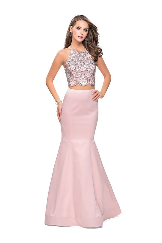 La Femme - 26035 Beaded Two Piece Satin Mermaid Dress In Pink