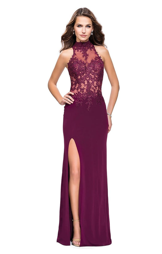 La Femme - 26038 Lace High Halter Sheath Dress in Purple
