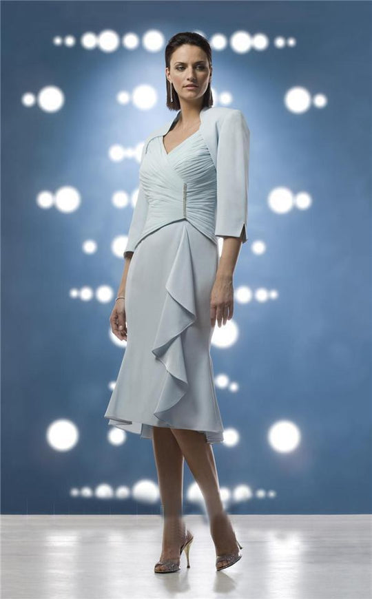 Daymor Couture - Ruched V-Neck Detailed Bodice Ensemble 8018  in Light Blue