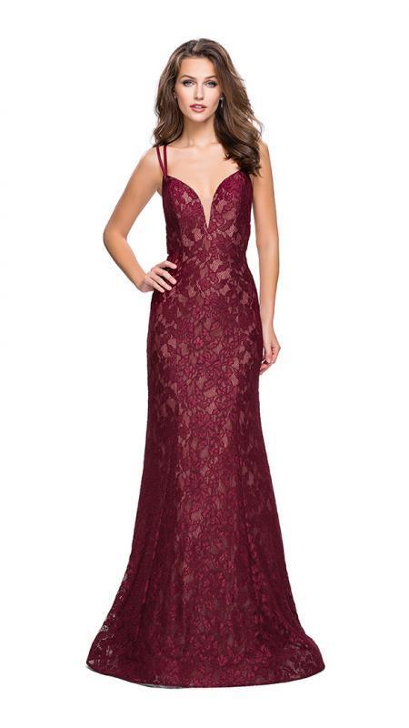 La Femme - 26043 Sleeveless Plunging Lace Bodice Sheath Gown in Red