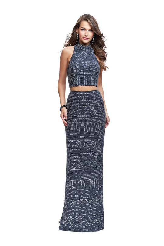 La Femme - 26045 High Neck Patterned Metallic Beaded Two Piece Gown In Gray