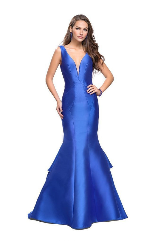 La Femme Gigi Plunging V-neck Mikado Mermaid Evening Gown 26046 - 1 pc Electric Blue In Size 4 Available