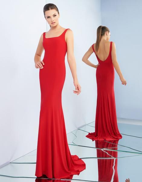 Ieena Duggal - 26055I Sleek Square Neck Trumpet Dress With Train In Red