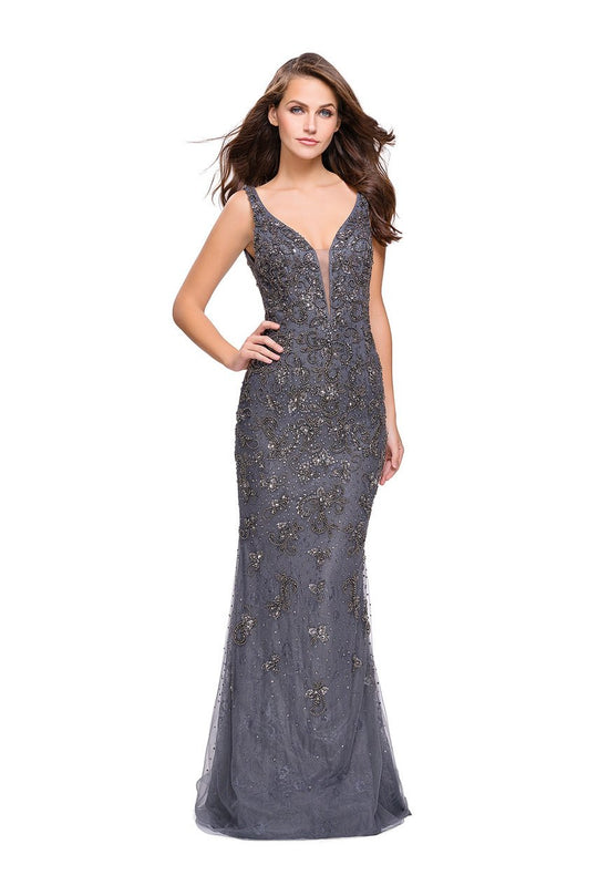 La Femme Gigi - 26054 Plunging V-Neck Metallic Beaded Evening Gown In Gray