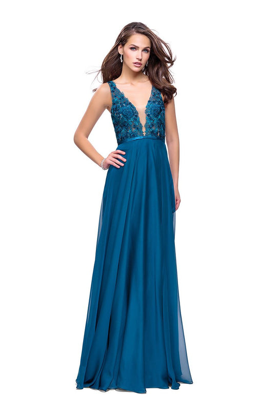 La Femme Gigi - 26061 Lace Deep V-neck Chiffon A-line Gown In Green