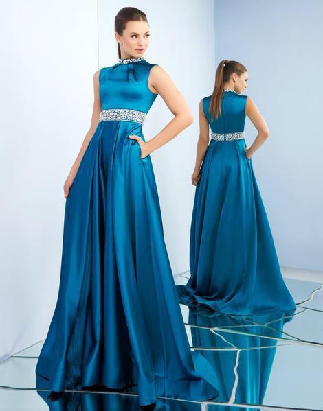 Ieena Duggal - 26063I Bejeweled High Neck Glossy A-Line Gown In Blue and Green