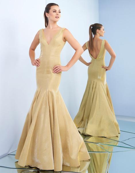 Ieena Duggal - 26074I Plunging V-Neck Gold Mermaid Gown in Gold