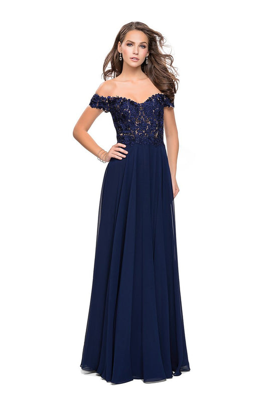 La Femme Gigi - 26070 Beaded Lace Applique Off-Shoulder Gown In Blue