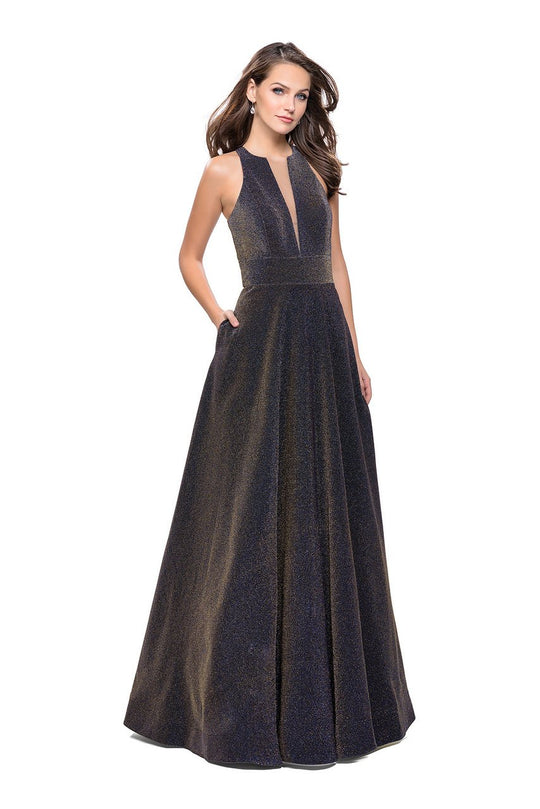 La Femme - 26073 Sparkling Mikado Halter A-line Gown In Blue and Gold