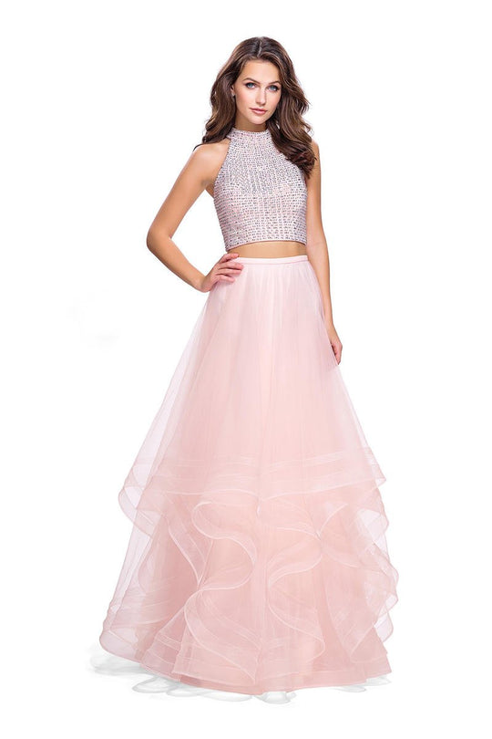 La Femme - 26077 Two-Piece Bejeweled High Halter Tulle Cascade Gown In Pink