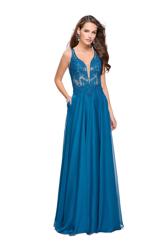 La Femme - 26082 Embellished Lace V-neck Chiffon A-line Gown In Blue