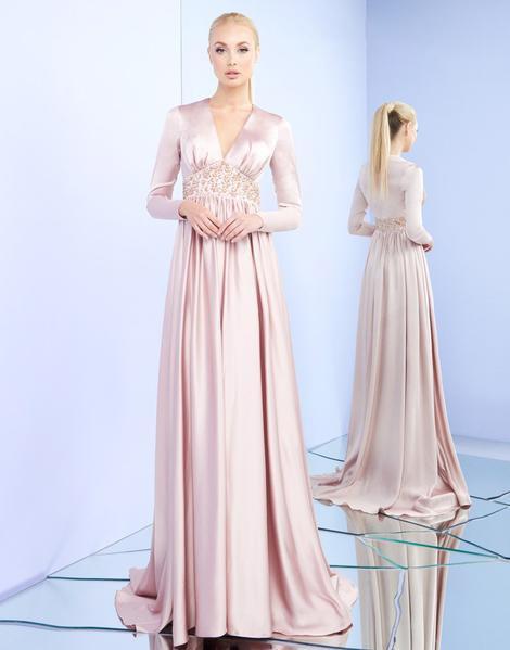 Ieena Duggal - 26103I Long Sleeve V-neck Beaded A-line Dress In Pink