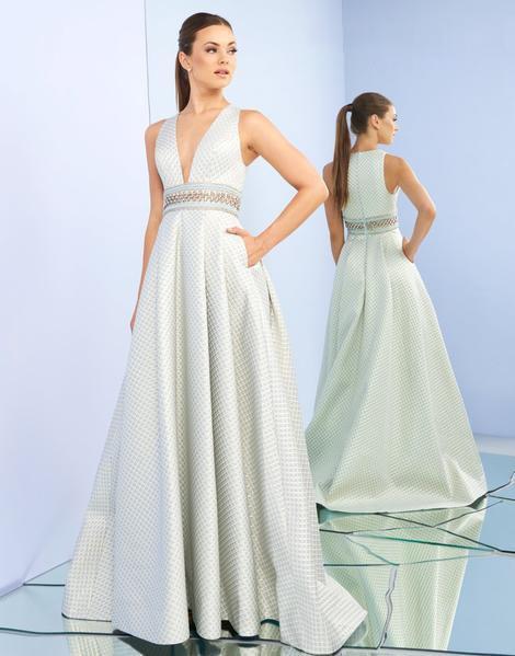 Ieena Duggal - 26107I Geo-Lattice Texture Plunging A-Line Gown In Blue and Green