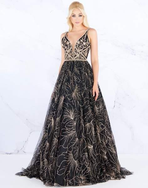 Mac Duggal Prom - 30580M Swirling Foliage Metallic Gilt Gown In Black and Gold
