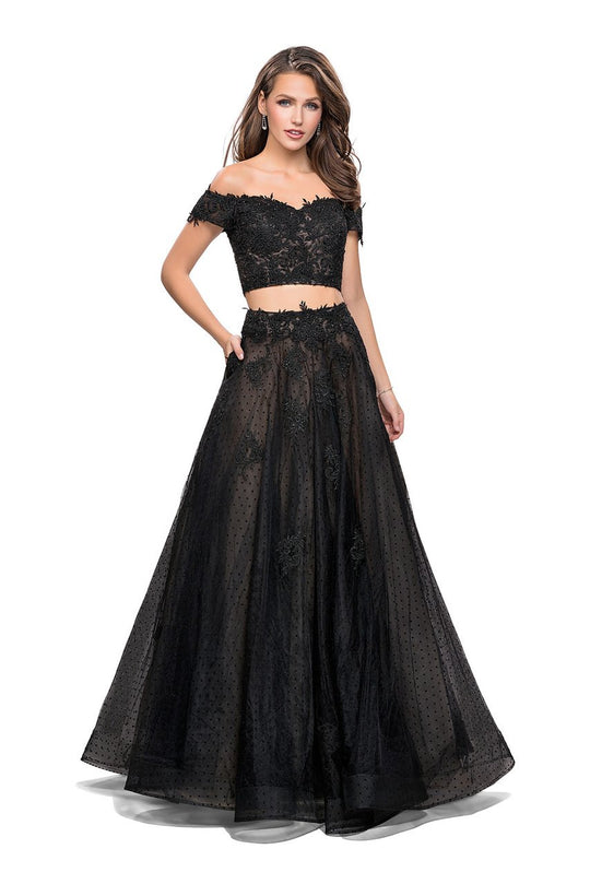 La Femme - 26110 Off-Shoulder Lace Embellished Ballgown In Black