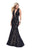La Femme - 26120 Deep V-Neck Scalloped Lace Mermaid Gown In Black