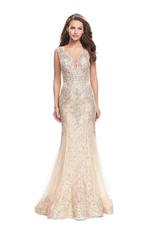 La Femme Gigi - 26125 Sleeveless Illusion Scalloped Lace Mermaid Gown In Gold and Neutral