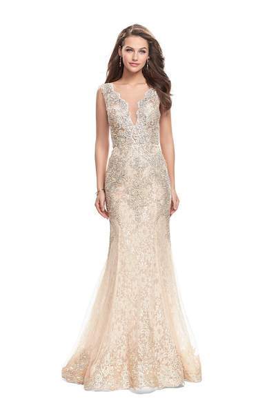 La Femme - La Femme Gigi - Sleeveless Illusion Scalloped Lace Mermaid Gown 26125 In Gold and Neutral