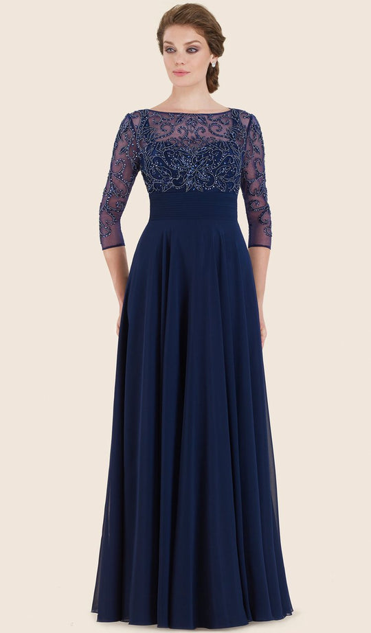 Rina Di Montella - RD2614 Quarter Sleeve Illusion Beaded Empire Dress in Blue
