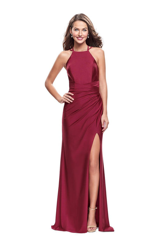 La Femme - 26141 High Halter Draped Jersey Sheath Gown In Red