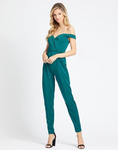 Ieena Duggal - 26141I Plunging Off-Shoulder Jumpsuit In Green
