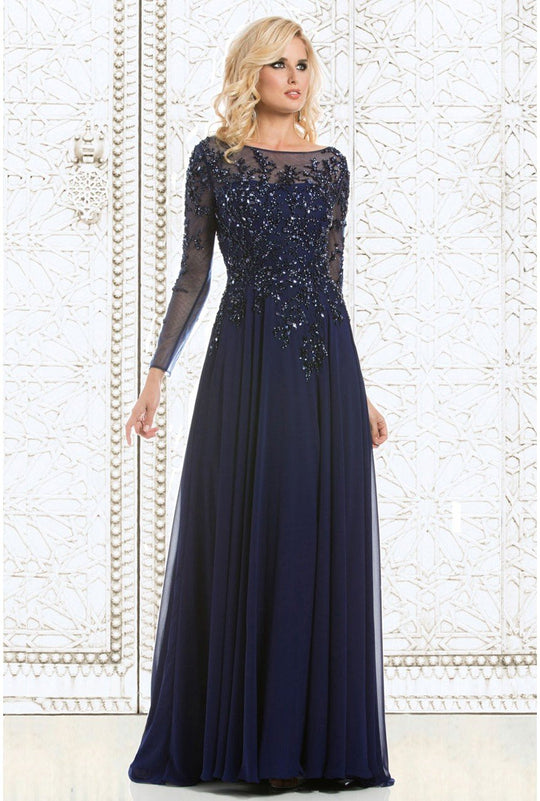 Feriani Couture -  Long Sleeve Beaded Illusion A-Line Evening Gown 26145 - 5 Pcs Navy in Sizes 12, 14 and 16; 2 Pcs Charcoal in Sizes 16 and 20, and 2 Pcs Black in Size 14 and 16 Available