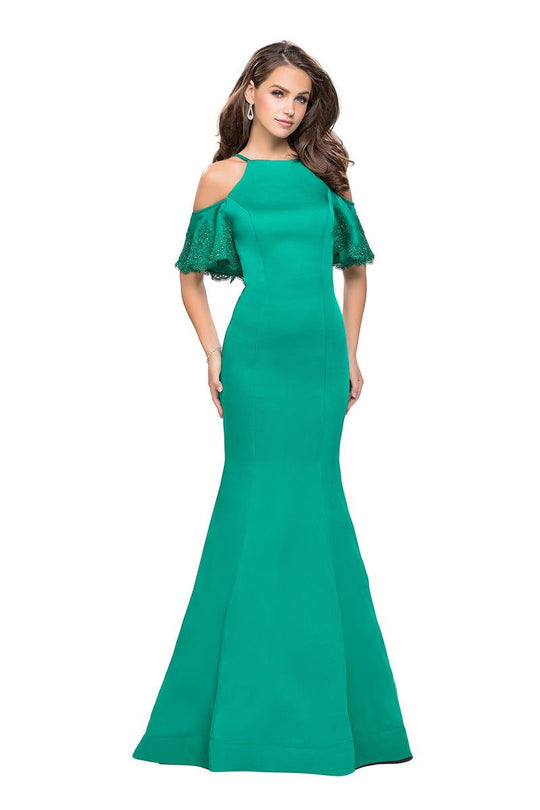 La Femme - 26145 Lace Trimmed High Halter Satin Mermaid Gown In Green