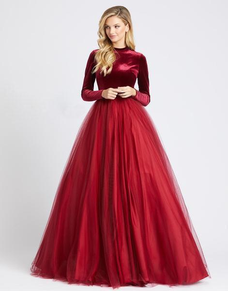 Ieena Duggal - 26147I Long Sleeve Velvet Tulle Ballgown In Red