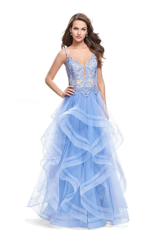 La Femme - 26148 Beaded Lace Deep V-neck Tulle A-line Gown In Blue