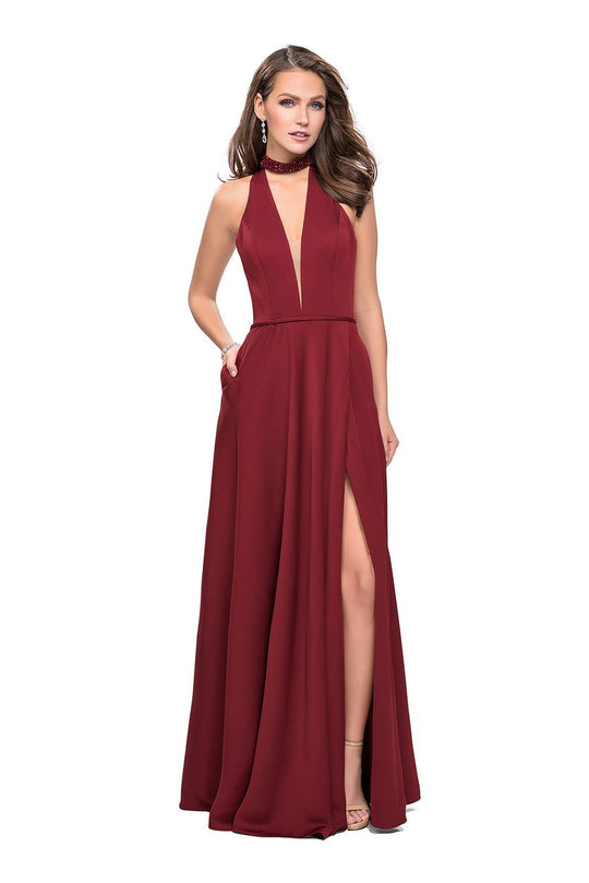 La Femme - 26154 Deep V-neck with Choker Satin A-line Gown In Red
