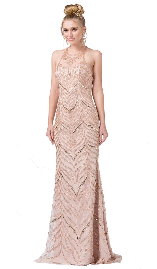 Dancing Queen - 2616 Embellished Halter Trumpet Dress In Pink and Gold