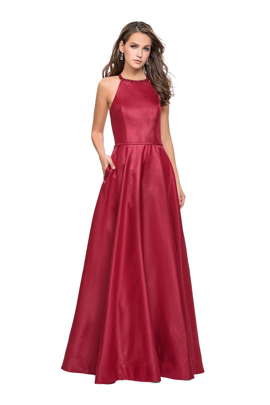 La Femme - 26162 Beaded Halter Mikado A-line Dress In Red