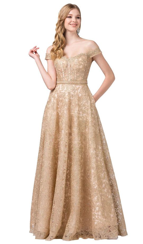 Dancing Queen - 2617 Embellished Off-Shoulder A-line Dress In Gold