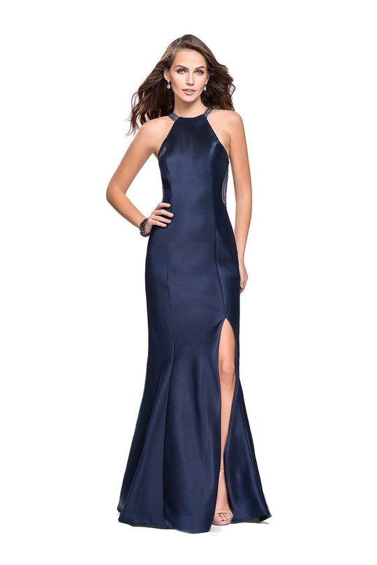 La Femme Gigi - 26181 High Neck Beaded Mikado Sheath Gown In Blue