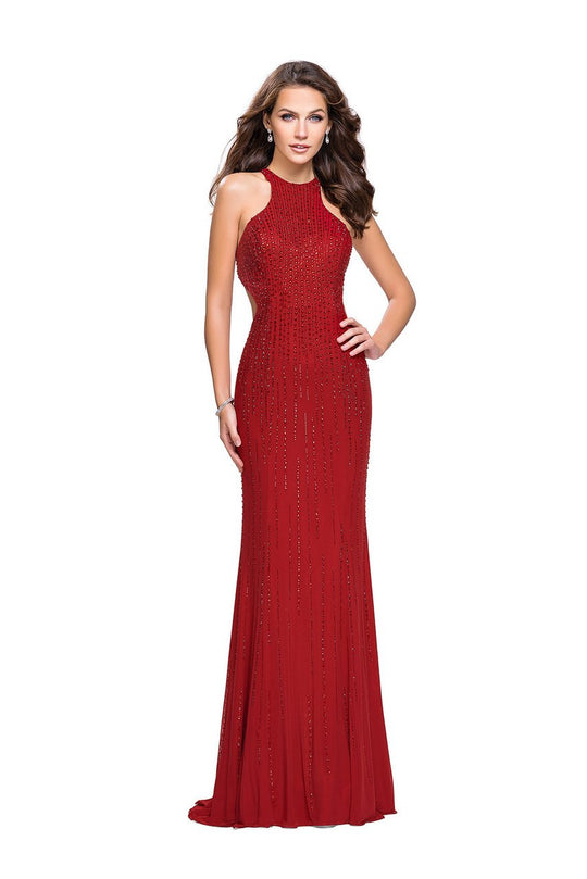 La Femme Gigi - 26182 Embellished High Neck Sheath Gown In Red