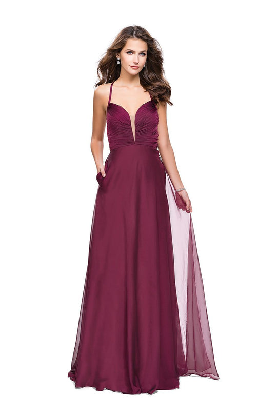 La Femme - 26190 Plunging V-neck Chiffon A-line Dress In Red