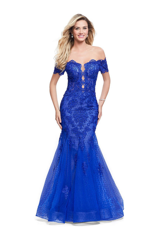 La Femme - 26192 Embellished Off-Shoulder Mermaid Gown In Blue