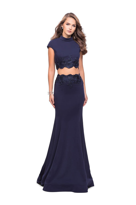 La Femme - 26196 Cap Sleeves Two-Piece Jersey Sheath Gown In Blue