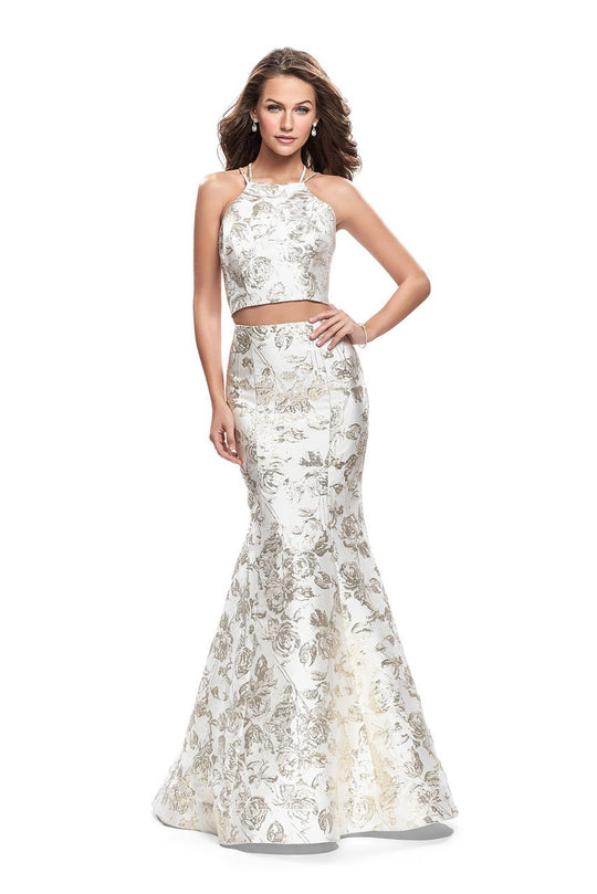 La Femme - 26202 Two Piece Gilded Print Jacquard Evening Gown In White and Gold
