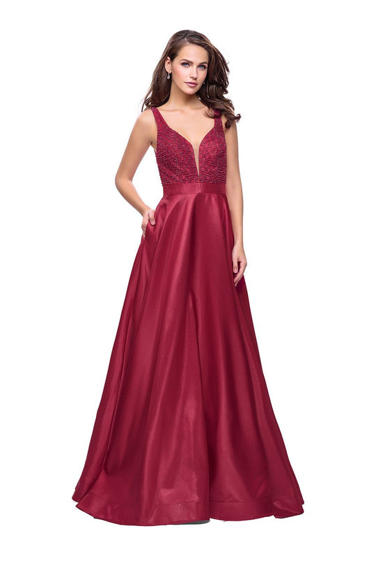 La Femme - 26203 Beaded Deep V-neck Mikado A-line Gown In Red