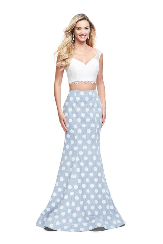La Femme - 26206 Two Piece Lace and Denim Polka Dot Trumpet Gown In White and Blue