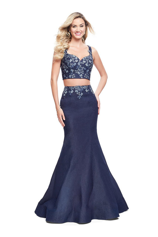 La Femme - 26207 Textured Floral Applique Two Piece Trumpet Gown In Blue