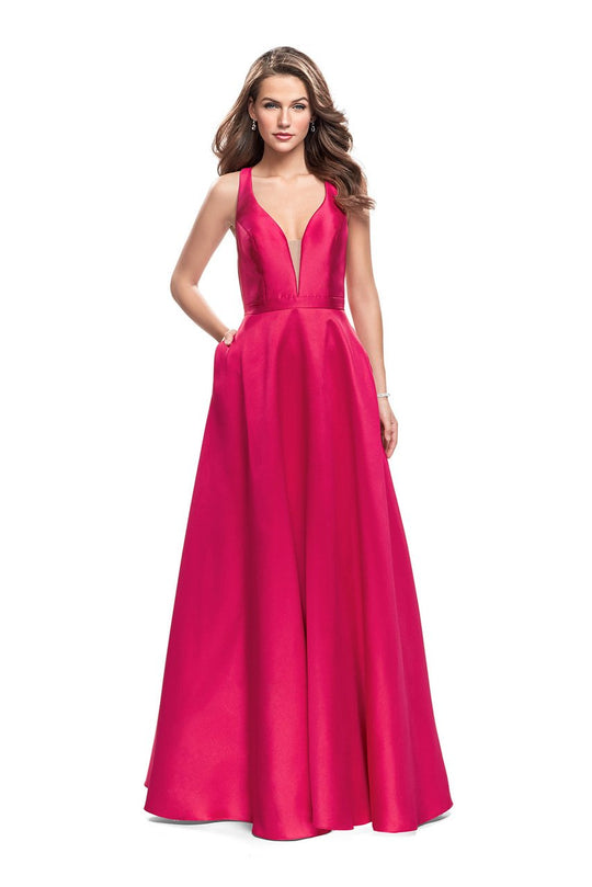La Femme Gigi - 26215 Deep V-neck Mikado A-line Gown In Pink