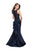 La Femme Gigi - 26217 Sheer Lace Back Plunging Neck Mermaid Dress In Blue